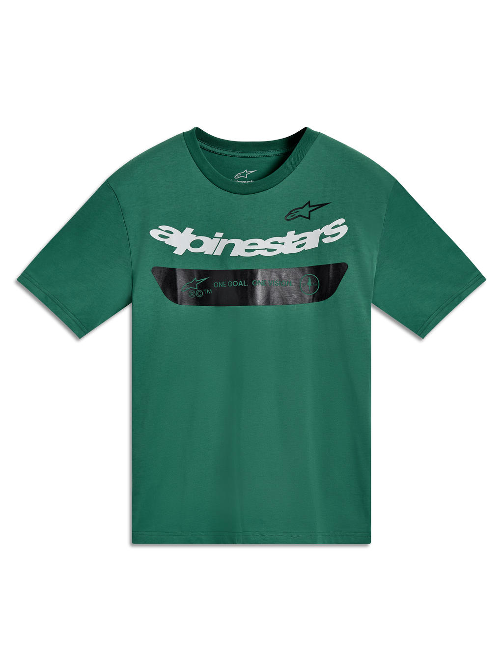 Alpinestars Singular CSF Tee, maglietta verde a maniche corte con logo bianco e banda grafica nera, stile casual motorsport.