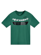 Alpinestars Singular CSF Tee, maglietta verde a maniche corte con logo bianco e banda grafica nera, stile casual motorsport.