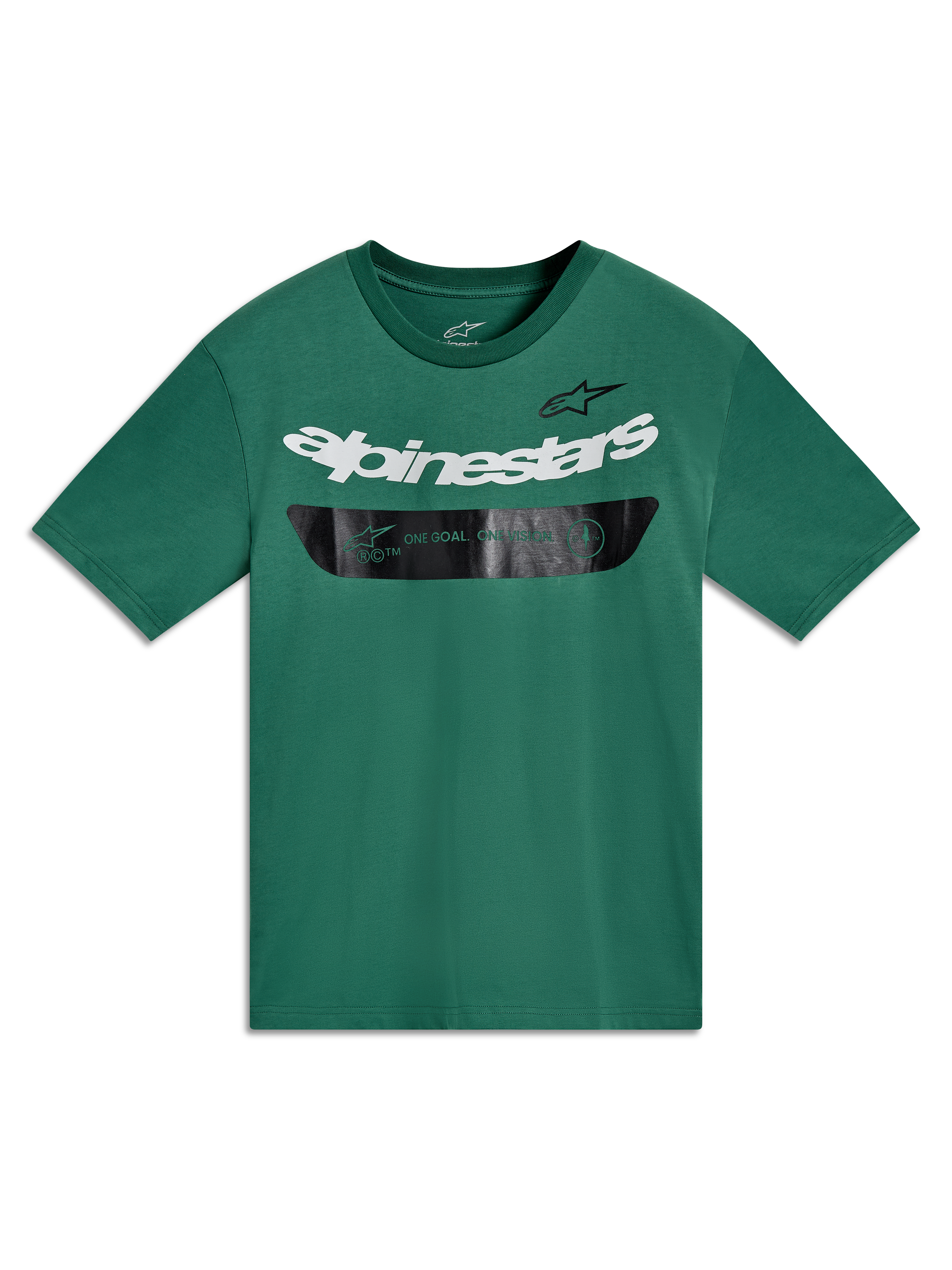 Alpinestars Singular CSF Tee, maglietta verde a maniche corte con logo bianco e banda grafica nera, stile casual motorsport.