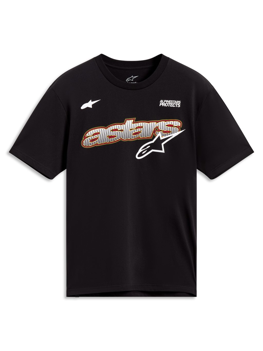 Alpinestars Cypress CSF Tee, maglietta a maniche corte nera, grafica Astars frontale con riempimento a rete bianca e profili giallo e rosso, logo Alpinestars Protects, abbigliamento sportswear casual.