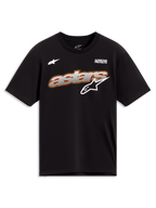 Alpinestars Cypress CSF Tee, maglietta a maniche corte nera, grafica Astars frontale con riempimento a rete bianca e profili giallo e rosso, logo Alpinestars Protects, abbigliamento sportswear casual.