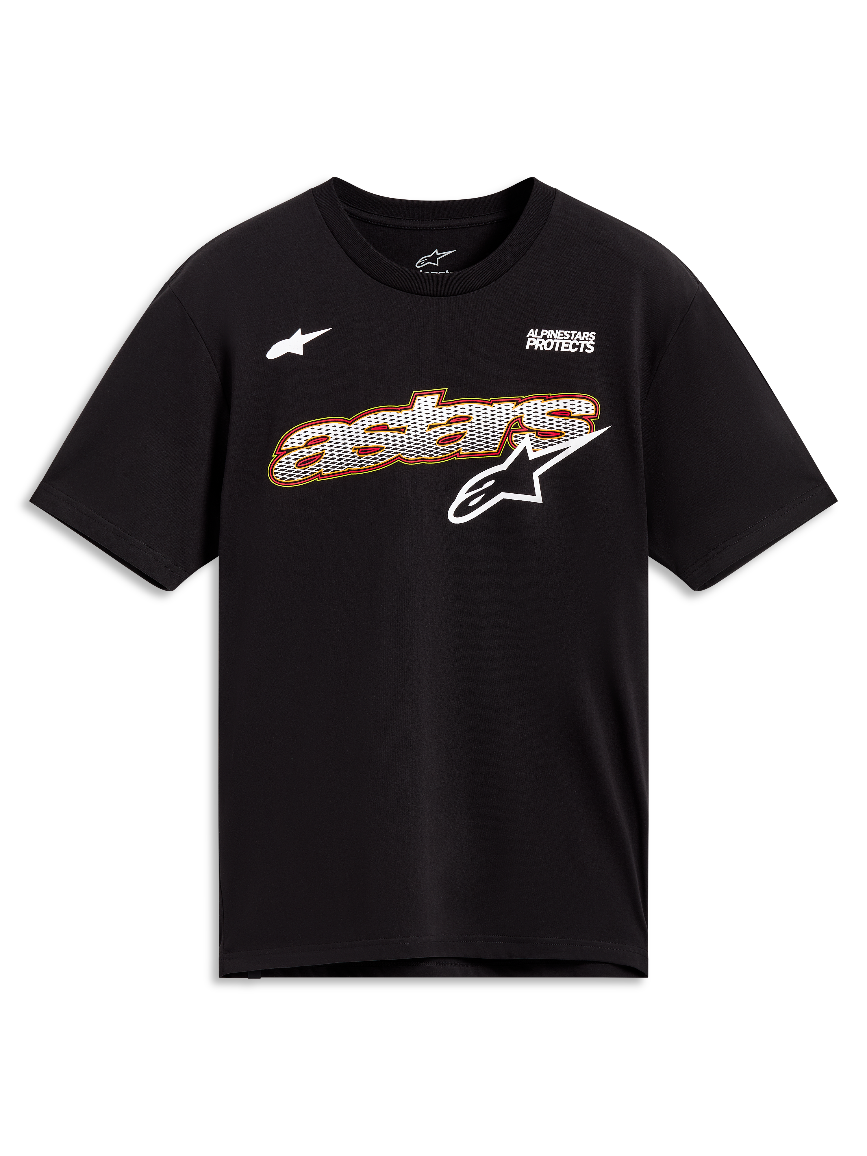 Alpinestars Cypress CSF Tee, maglietta a maniche corte nera, grafica Astars frontale con riempimento a rete bianca e profili giallo e rosso, logo Alpinestars Protects, abbigliamento sportswear casual.