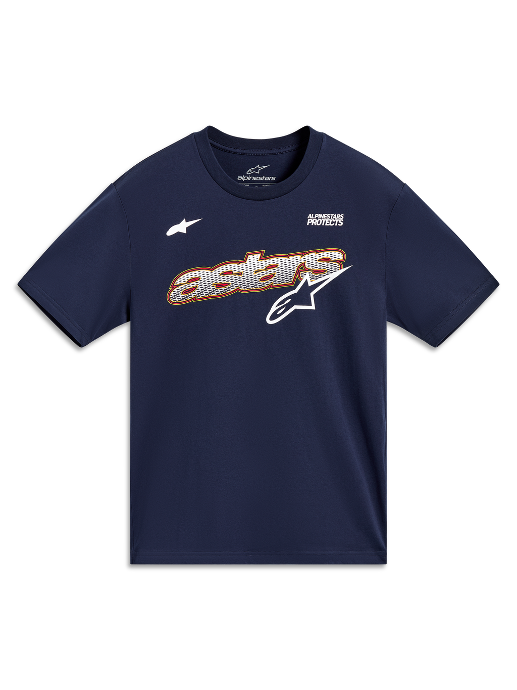 Alpinestars Cypress CSF Tee, maglietta a maniche corte blu navy con grafica Astars a rete e motto Alpinestars Protects.