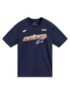 Alpinestars Cypress CSF Tee, maglietta a maniche corte blu navy con grafica Astars a rete e motto Alpinestars Protects.