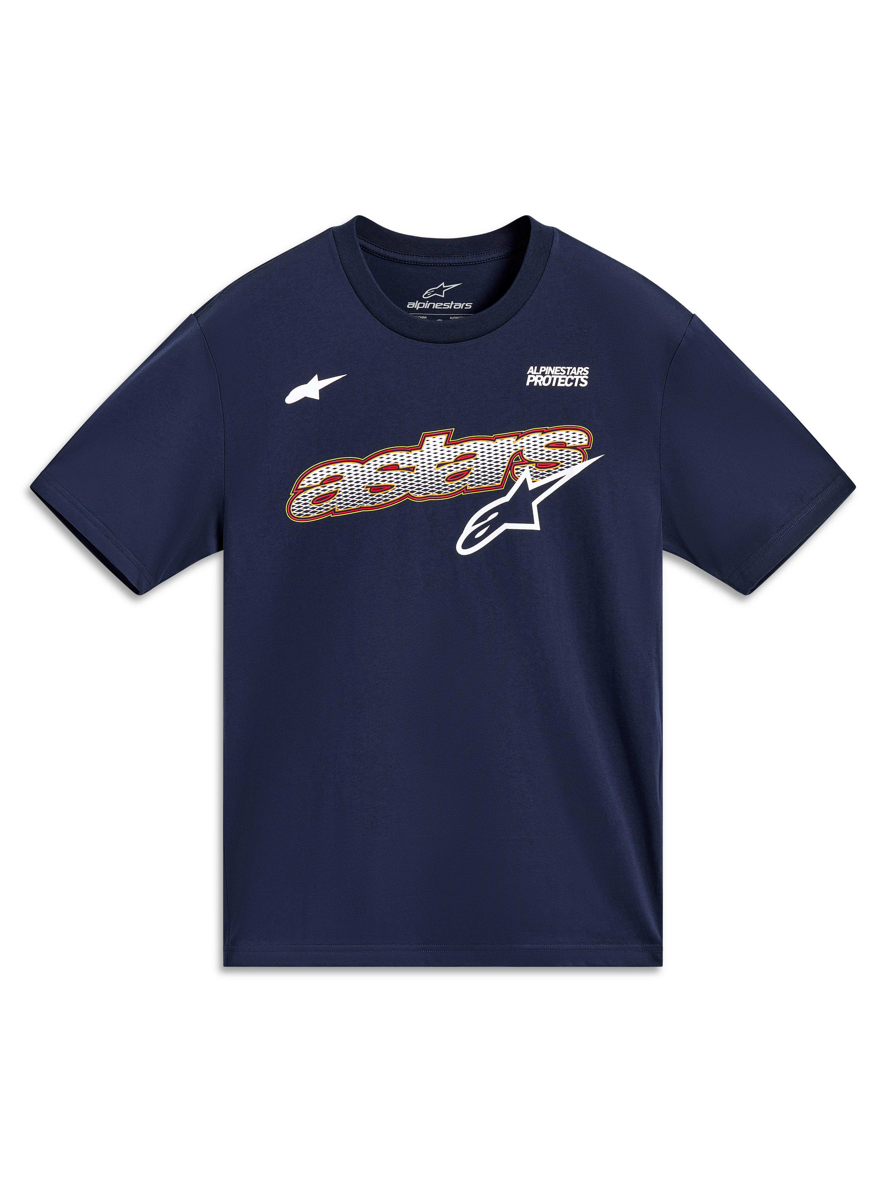 Alpinestars Cypress CSF Tee, maglietta a maniche corte blu navy con grafica Astars a rete e motto Alpinestars Protects.
