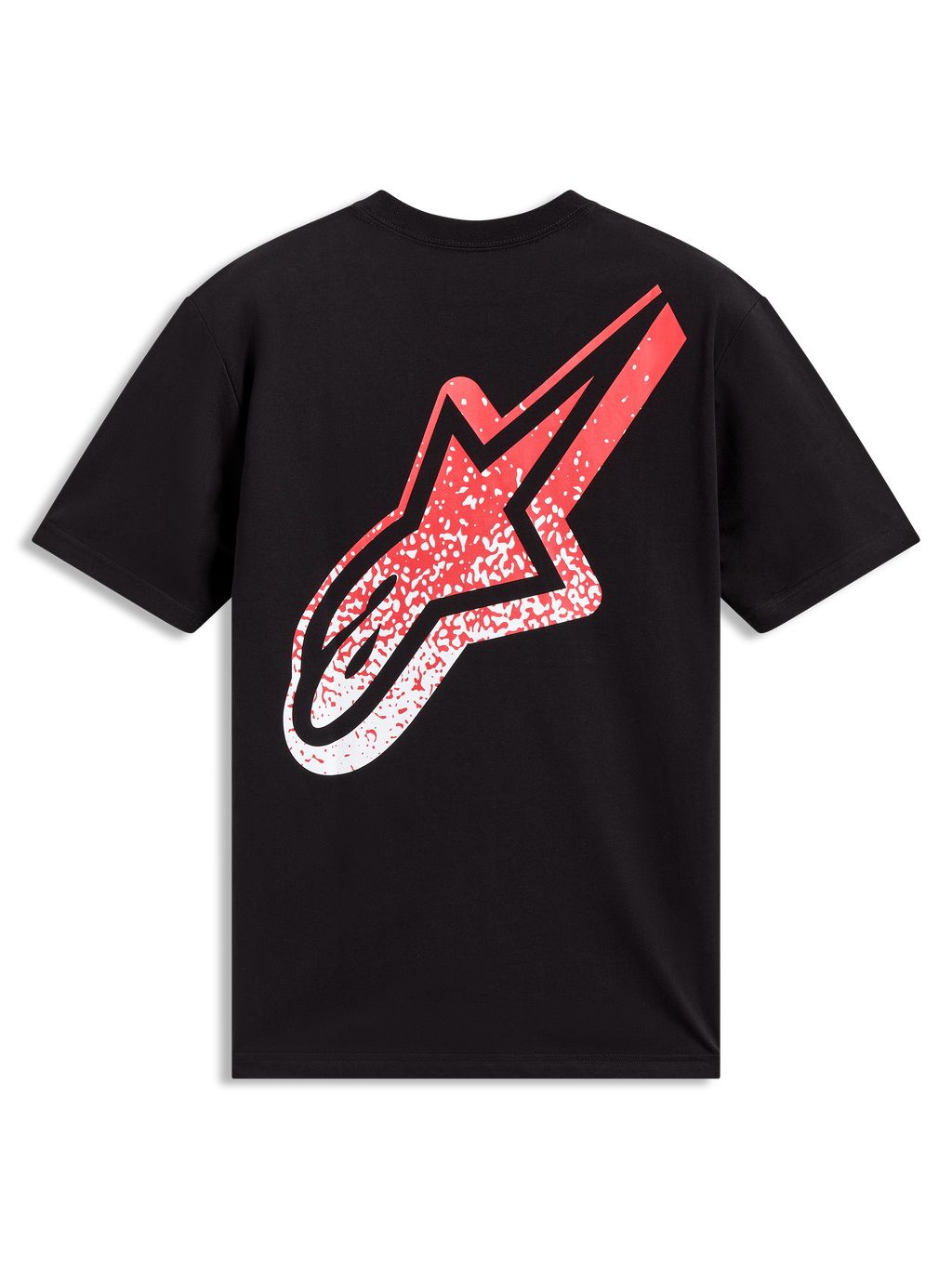 Alpinestars Meteor CSF Tee, maglietta a maniche corte sportswear nera con logo MX sfumato rosso e bianco sul retro.