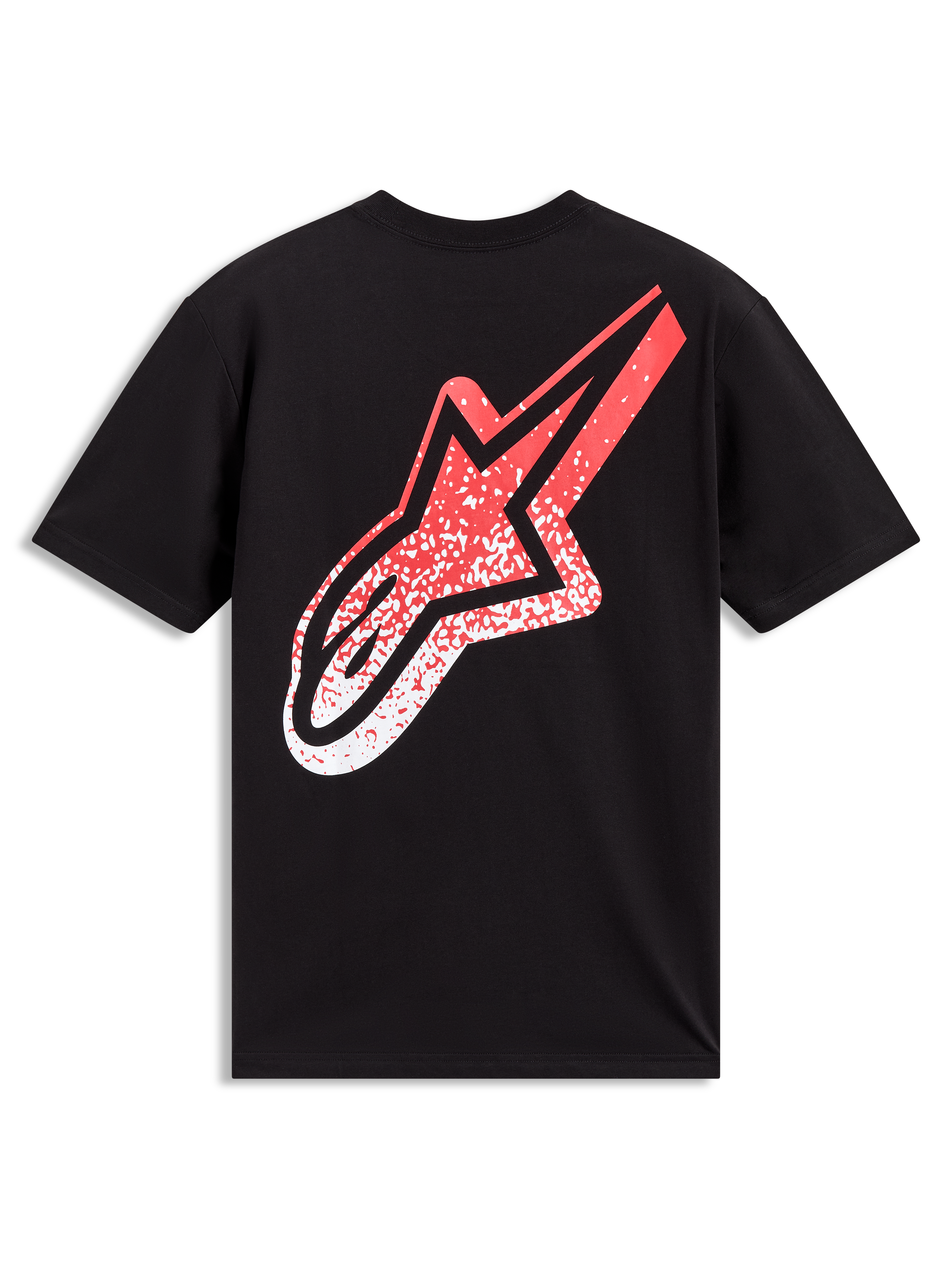 Alpinestars Meteor CSF Tee, maglietta a maniche corte sportswear nera con logo MX sfumato rosso e bianco sul retro.
