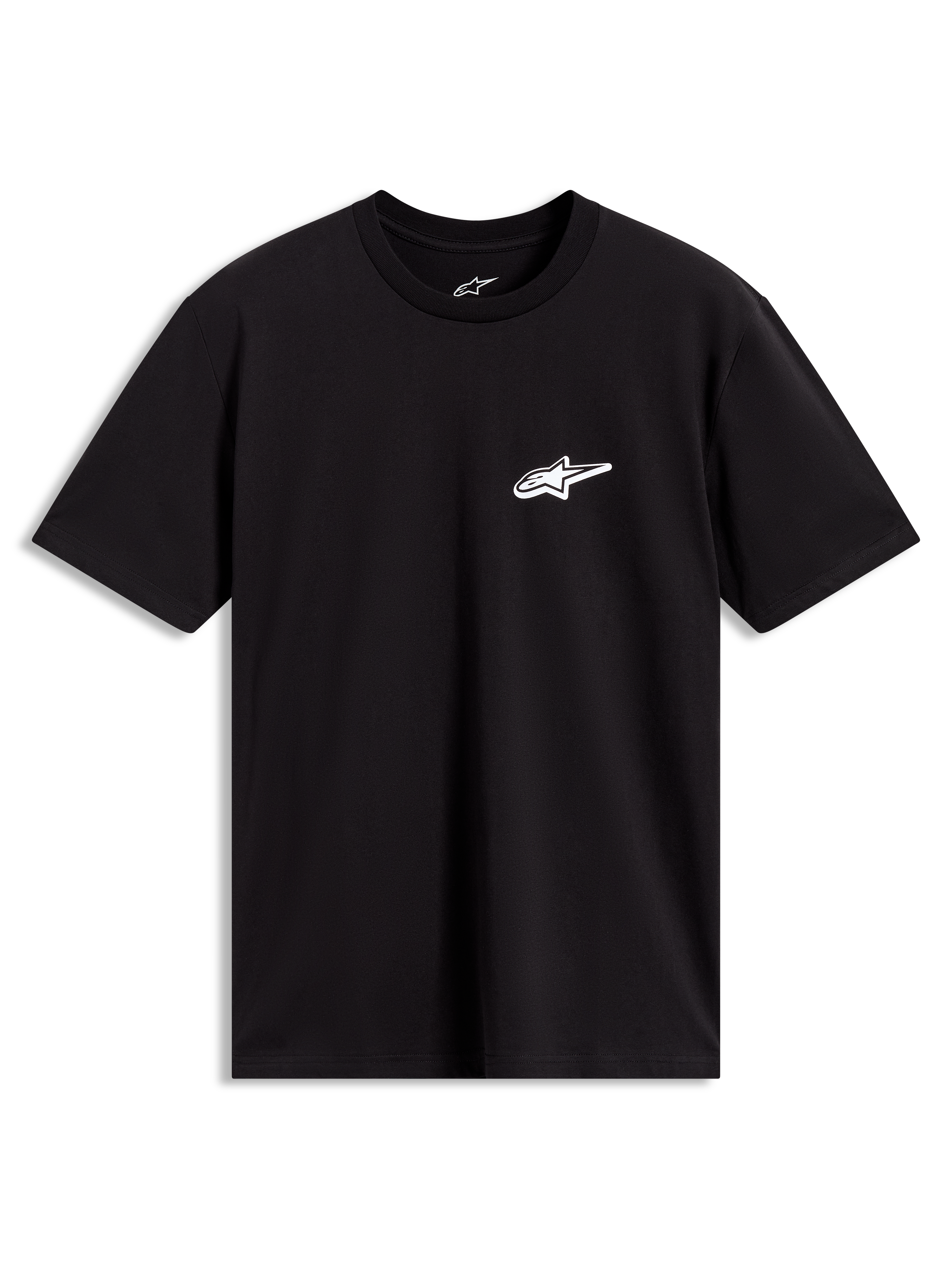 Alpinestars Meteor CSF Tee, maglietta a maniche corte nera con logo bianco sul petto, abbigliamento casual.