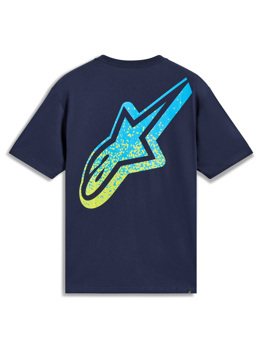 Alpinestars Meteor CSF Tee, maglietta a maniche corte blu navy con grande logo Astars sfumato giallo e azzurro sul retro, stile casual motorsport