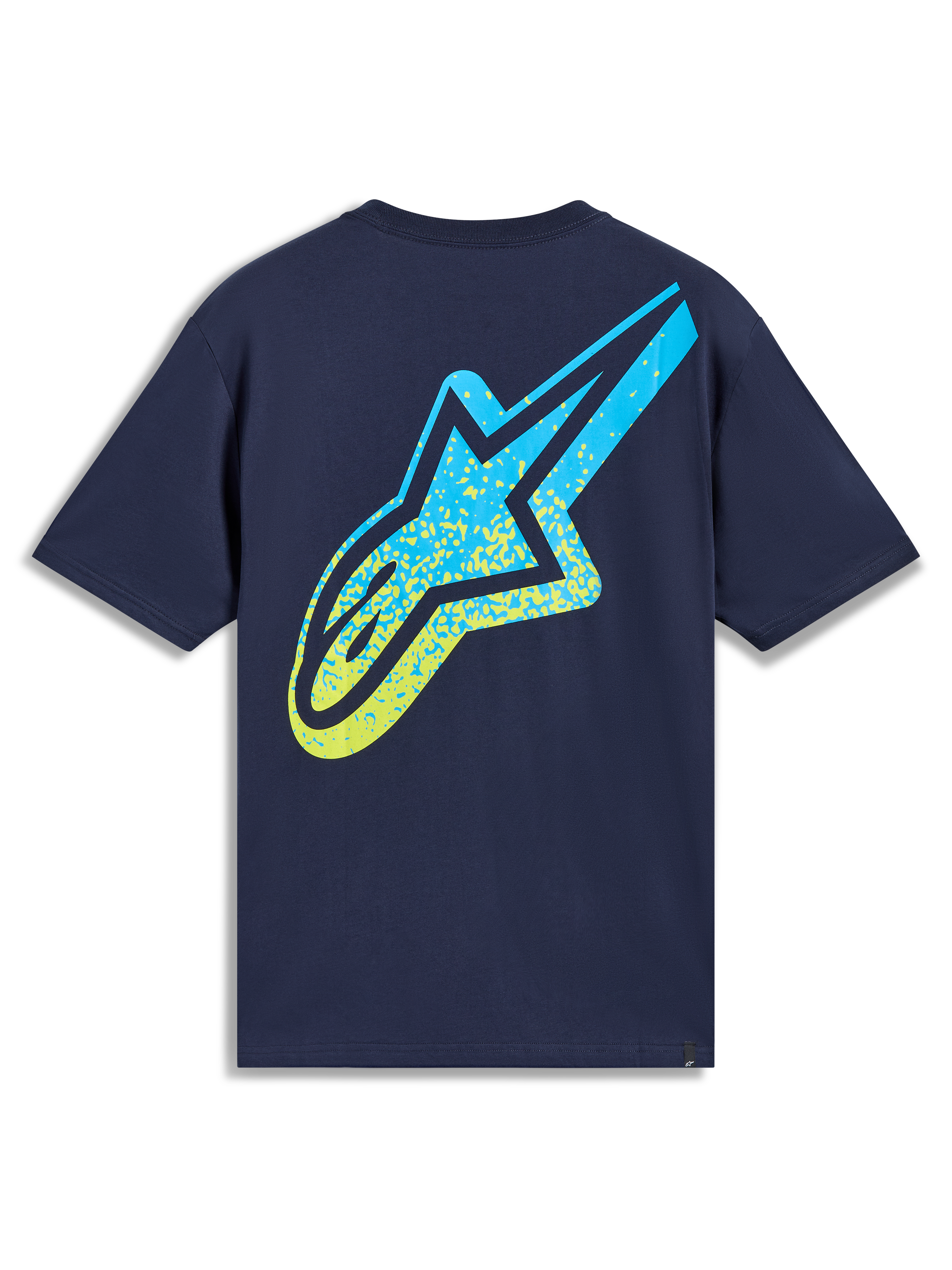 Alpinestars Meteor CSF Tee, maglietta a maniche corte blu navy con grande logo Astars sfumato giallo e azzurro sul retro, stile casual motorsport