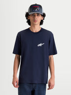 Alpinestars maglietta Meteor CSF, maglietta a maniche corte da uomo, blu navy, stile sportswear casual, piccolo logo Astars bianco sul petto, vista frontale su modello, in misto cotone e poliestere