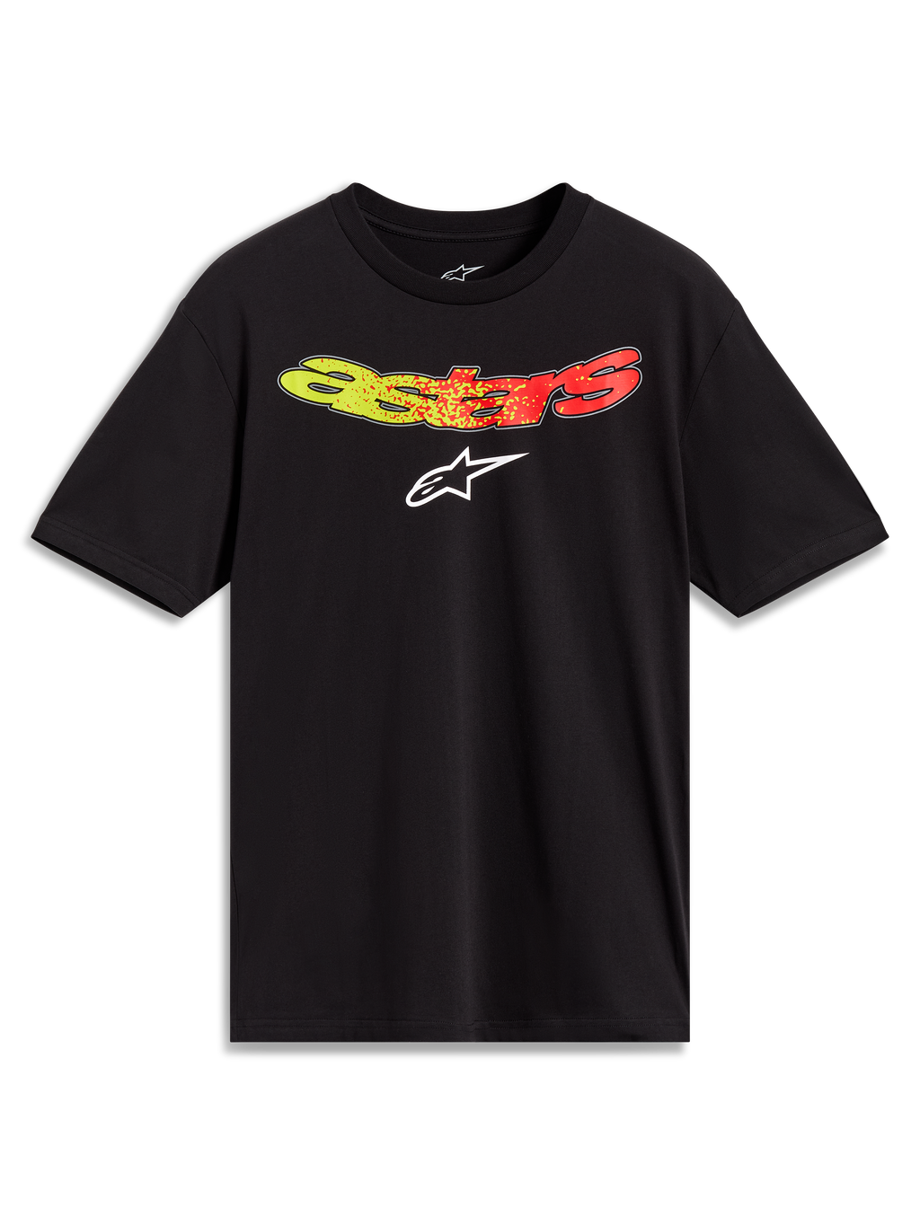 Alpinestars Elliptogrit CSF Tee, maglietta nera a maniche corte, logo Astars sfumato giallo e rosso, abbigliamento sportivo.