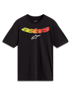 Alpinestars Elliptogrit CSF Tee, maglietta nera a maniche corte, logo Astars sfumato giallo e rosso, abbigliamento sportivo.