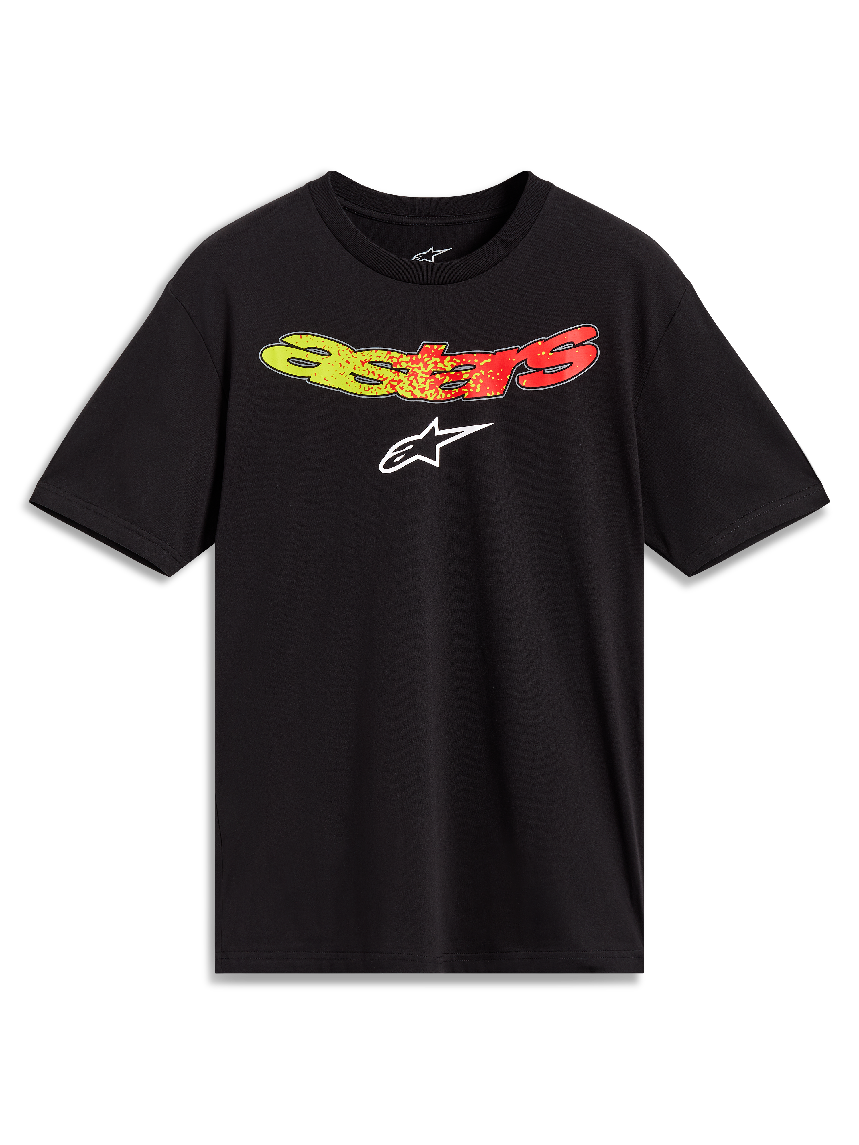Alpinestars Elliptogrit CSF Tee, maglietta nera a maniche corte, logo Astars sfumato giallo e rosso, abbigliamento sportivo.