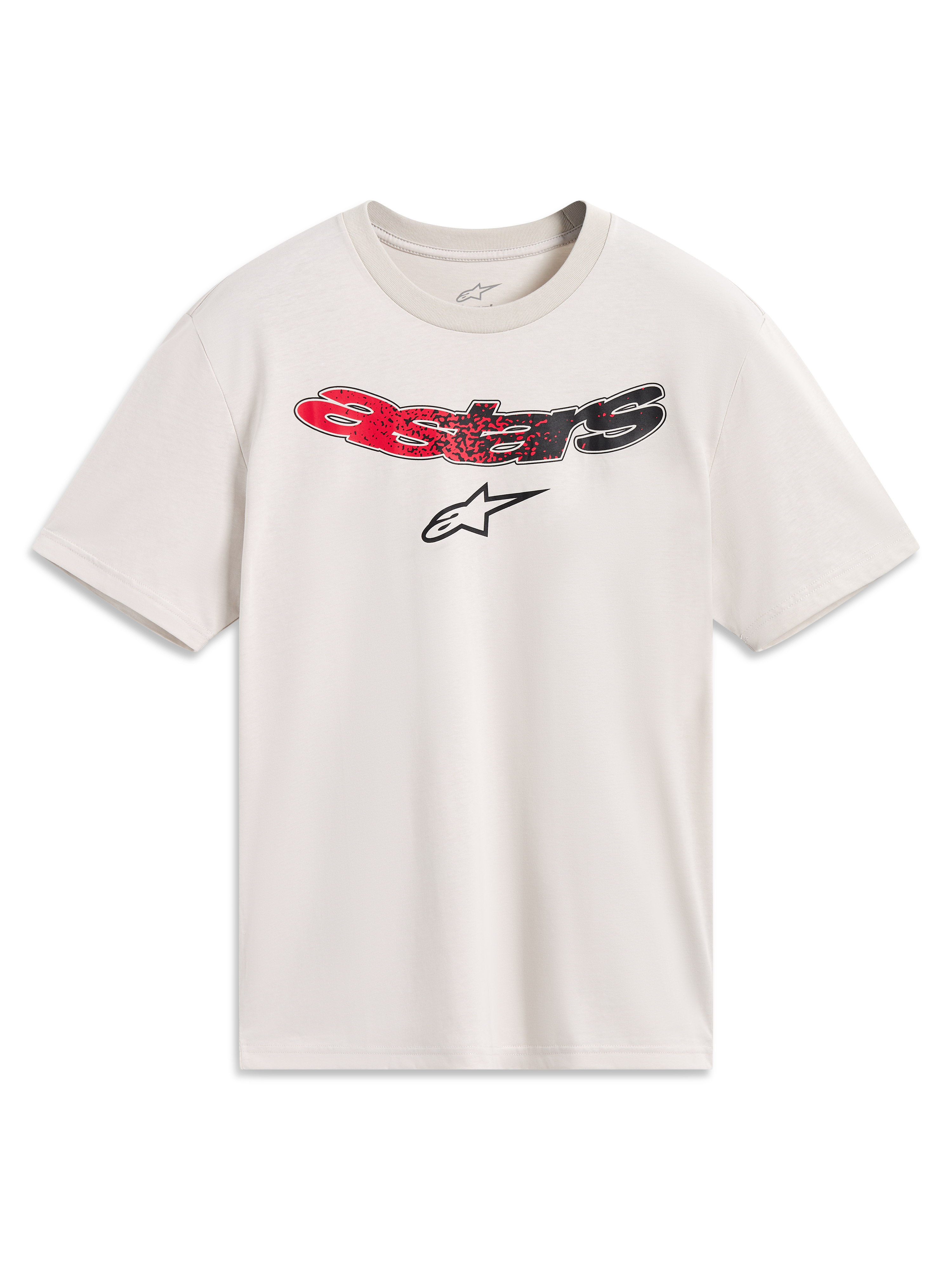 Alpinestars Elliptogrit CSF Tee, maglietta a maniche corte color sabbia con scritta Astars curva e gradiente rosso e nero sul petto, logo a stella nero, sportswear casual
