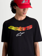 Alpinestars Maglietta Elliptogrit CSF, maglietta a maniche corte da uomo, nera, grafica frontale con scritta Astars sfumata in giallo e rosso e logo bianco, casual sportswear.