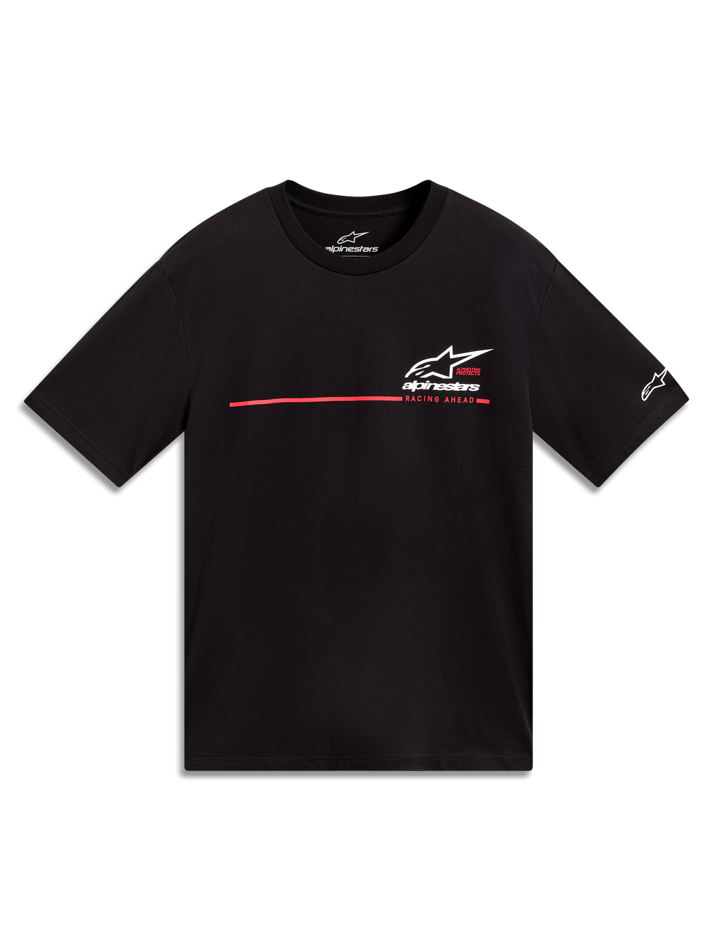 Alpinestars P1 CSF Tee, maglietta a maniche corte, nera con logo Astars bianco e striscia racing rossa, abbigliamento casual.