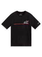 Alpinestars P1 CSF Tee, maglietta a maniche corte, nera con logo Astars bianco e striscia racing rossa, abbigliamento casual.