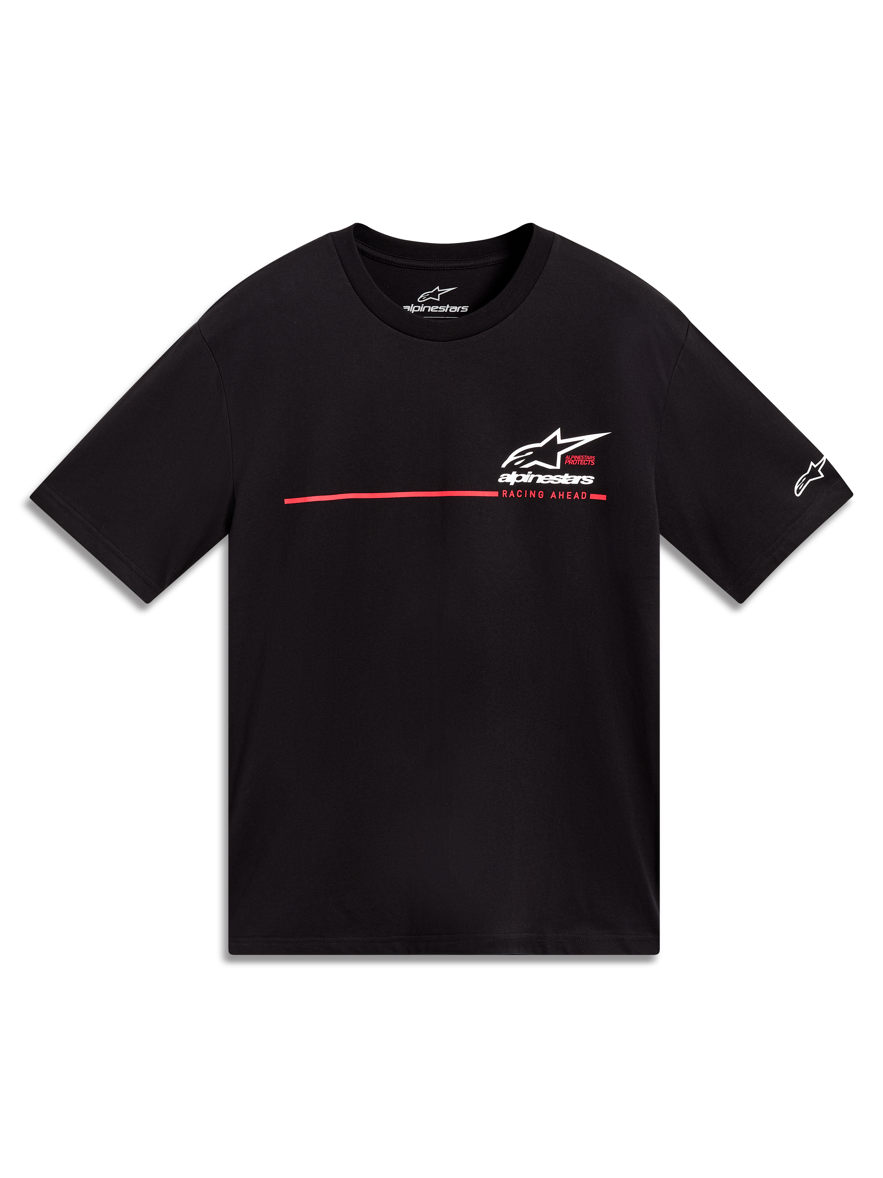 Alpinestars P1 CSF Tee, maglietta a maniche corte, nera con logo Astars bianco e striscia racing rossa, abbigliamento casual.