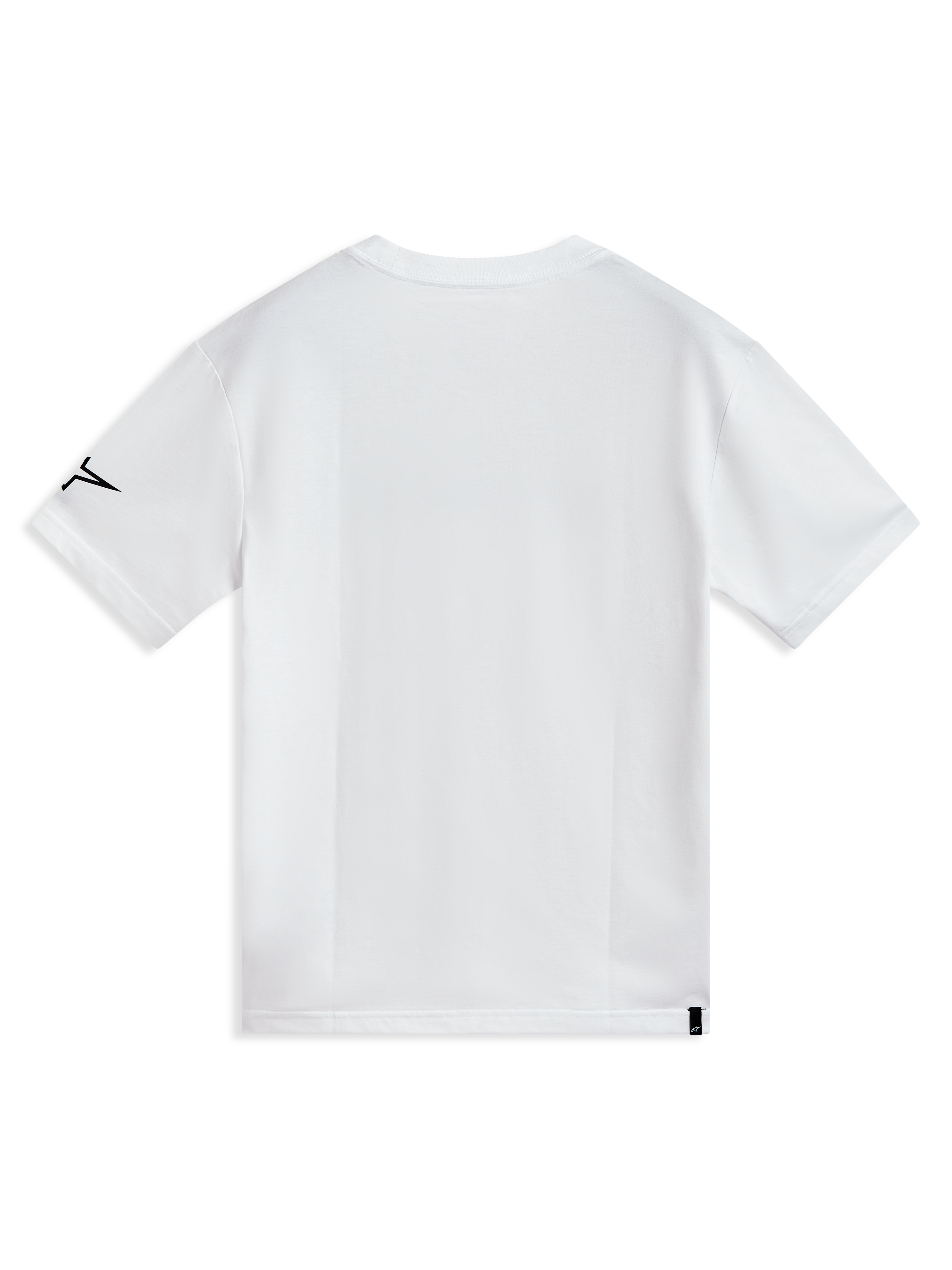 Alpinestars P1 CSF Tee, maglietta a maniche corte bianca in misto cotone, vista posteriore con logo nero sulla manica, stile casual motorsport