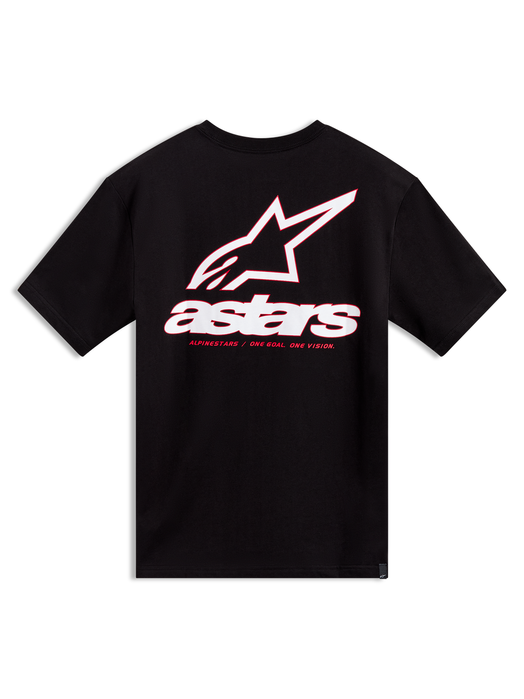 Alpinestars Lineout CSF Tee, maglietta a maniche corte nera, vista posteriore con grande grafica logo Astars bianco e rosso, abbigliamento casual sportswear