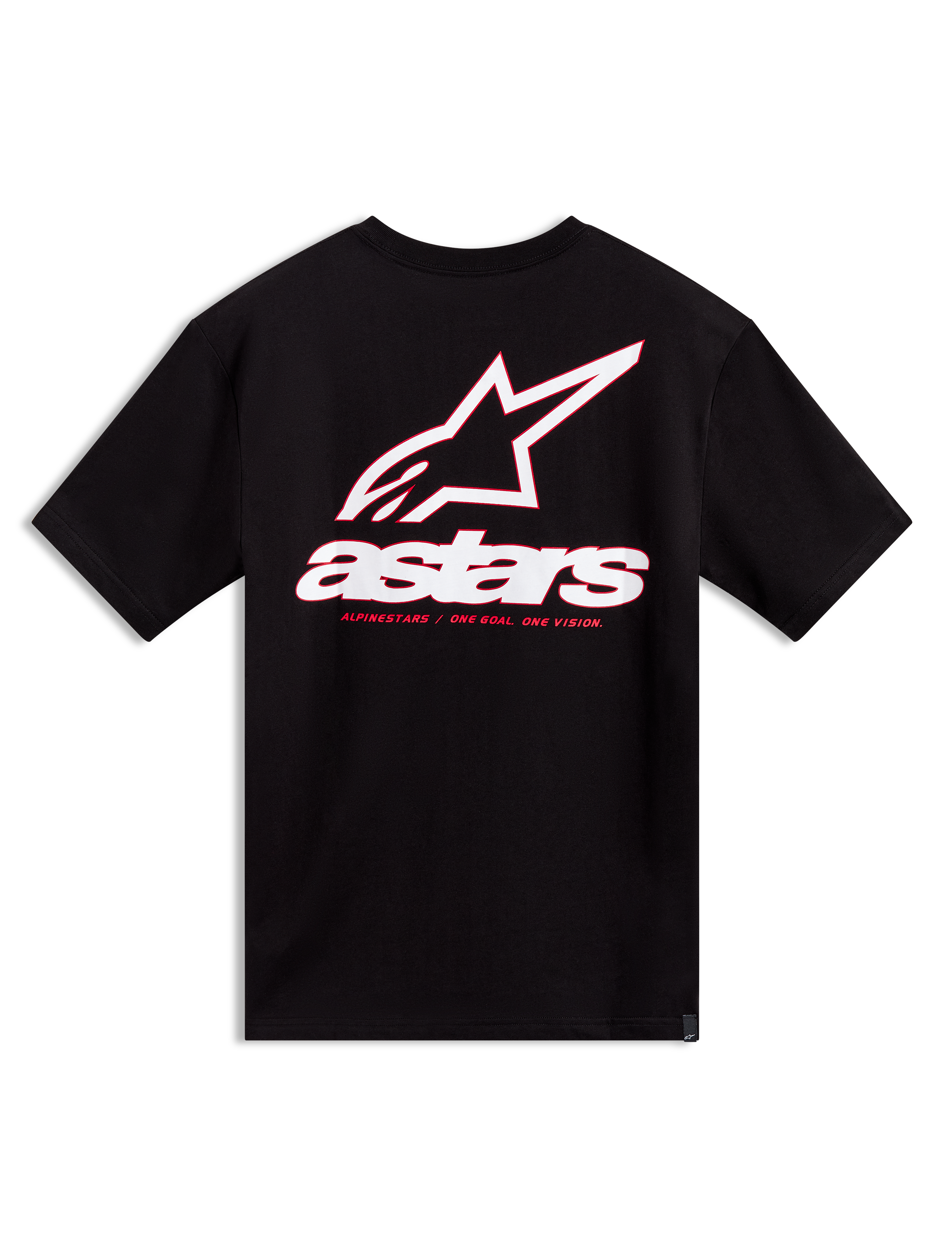 Alpinestars Lineout CSF Tee, maglietta a maniche corte nera, vista posteriore con grande grafica logo Astars bianco e rosso, abbigliamento casual sportswear