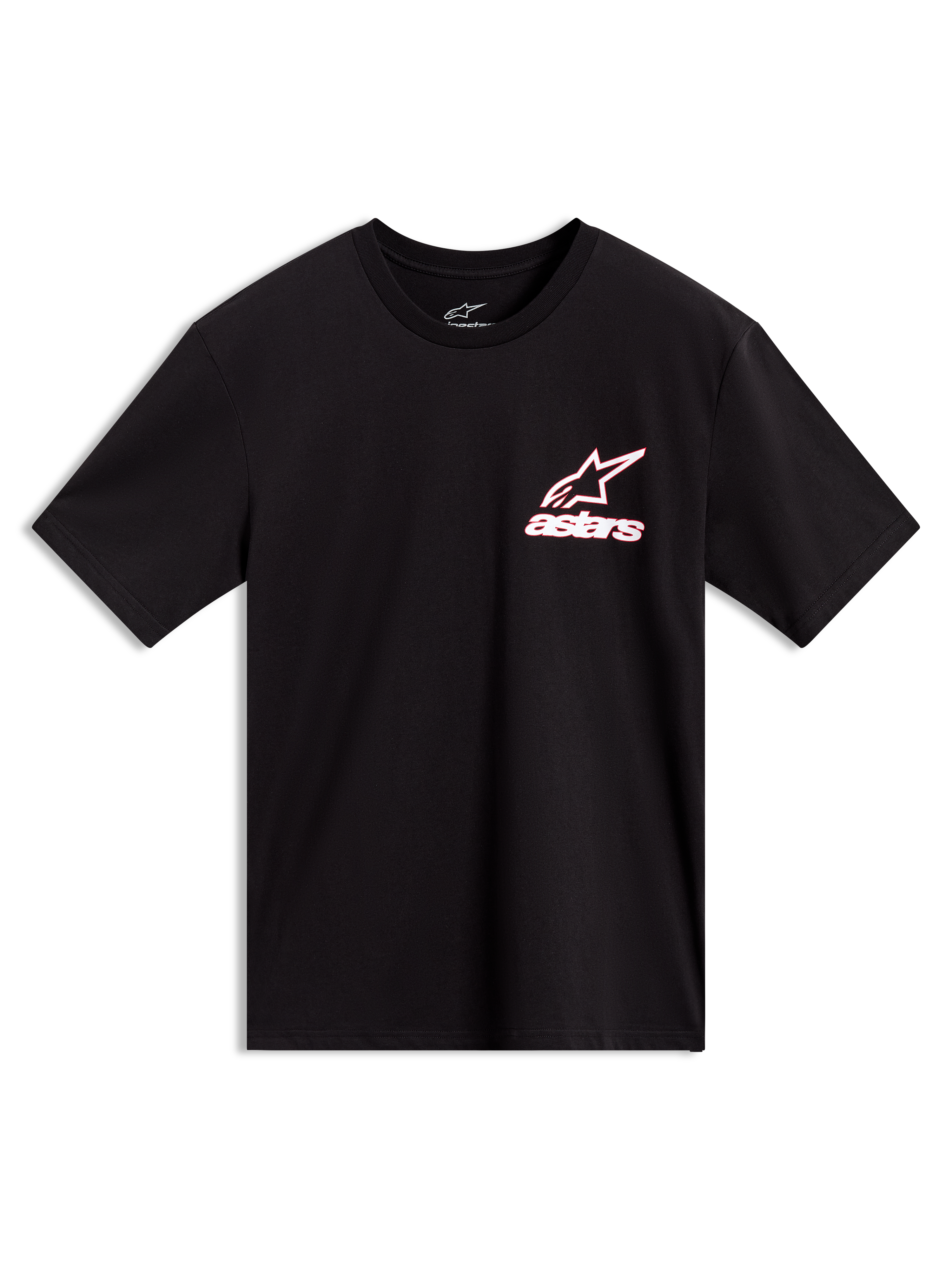Alpinestars Lineout CSF Tee, maglietta a maniche corte nera con logo Astars profilato bianco e rosso sul petto.