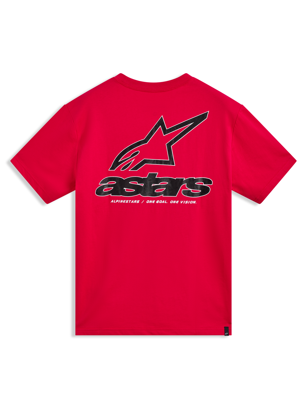 Alpinestars Lineout CSF Tee, maglietta a maniche corte rossa, grande grafica Astars nera e bianca sul retro, abbigliamento sportswear casual ispirato al motorsport