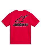 Alpinestars Lineout CSF Tee, maglietta a maniche corte rossa, grande grafica Astars nera e bianca sul retro, abbigliamento sportswear casual ispirato al motorsport