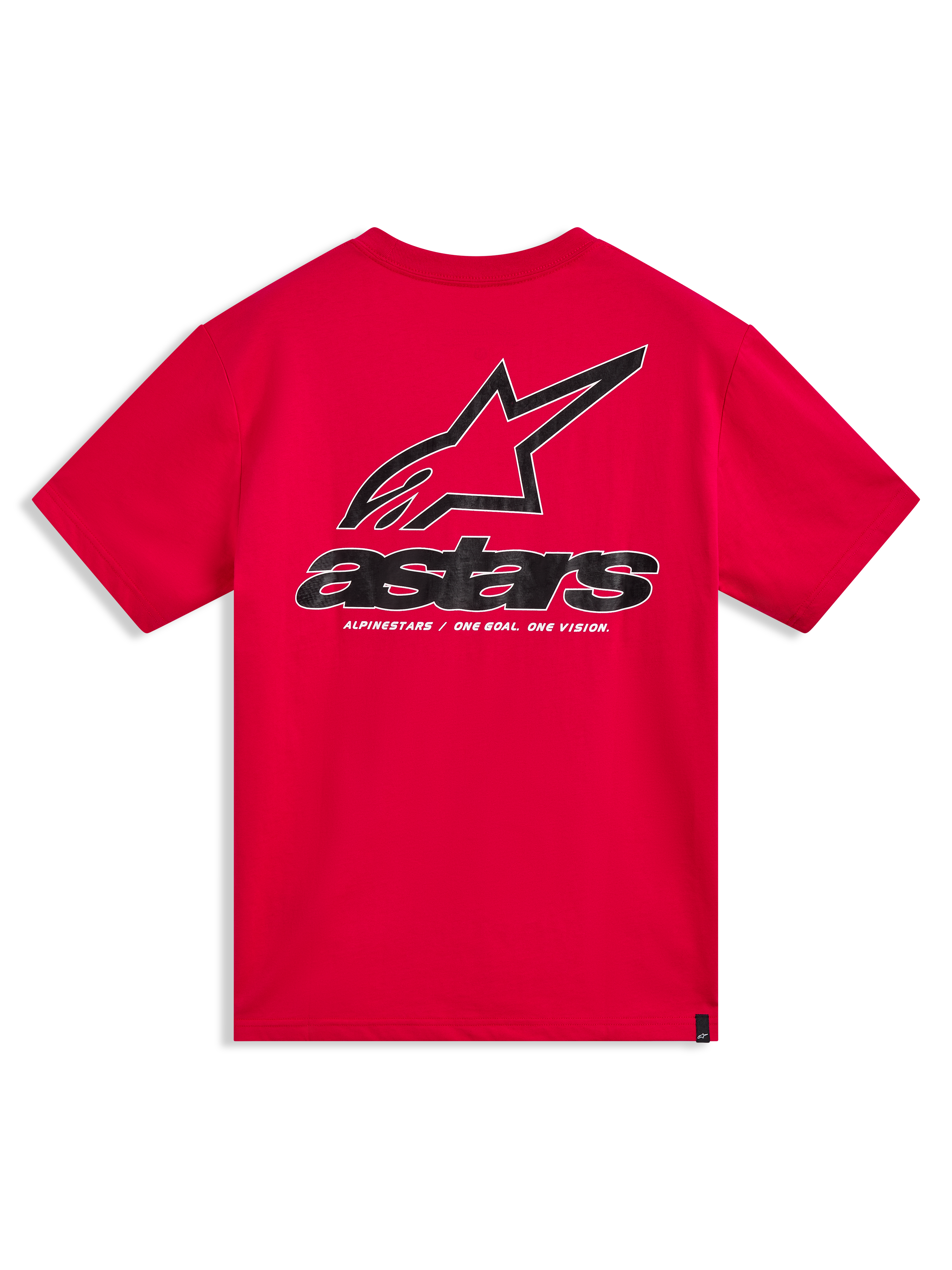 Alpinestars Lineout CSF Tee, maglietta a maniche corte rossa, grande grafica Astars nera e bianca sul retro, abbigliamento sportswear casual ispirato al motorsport