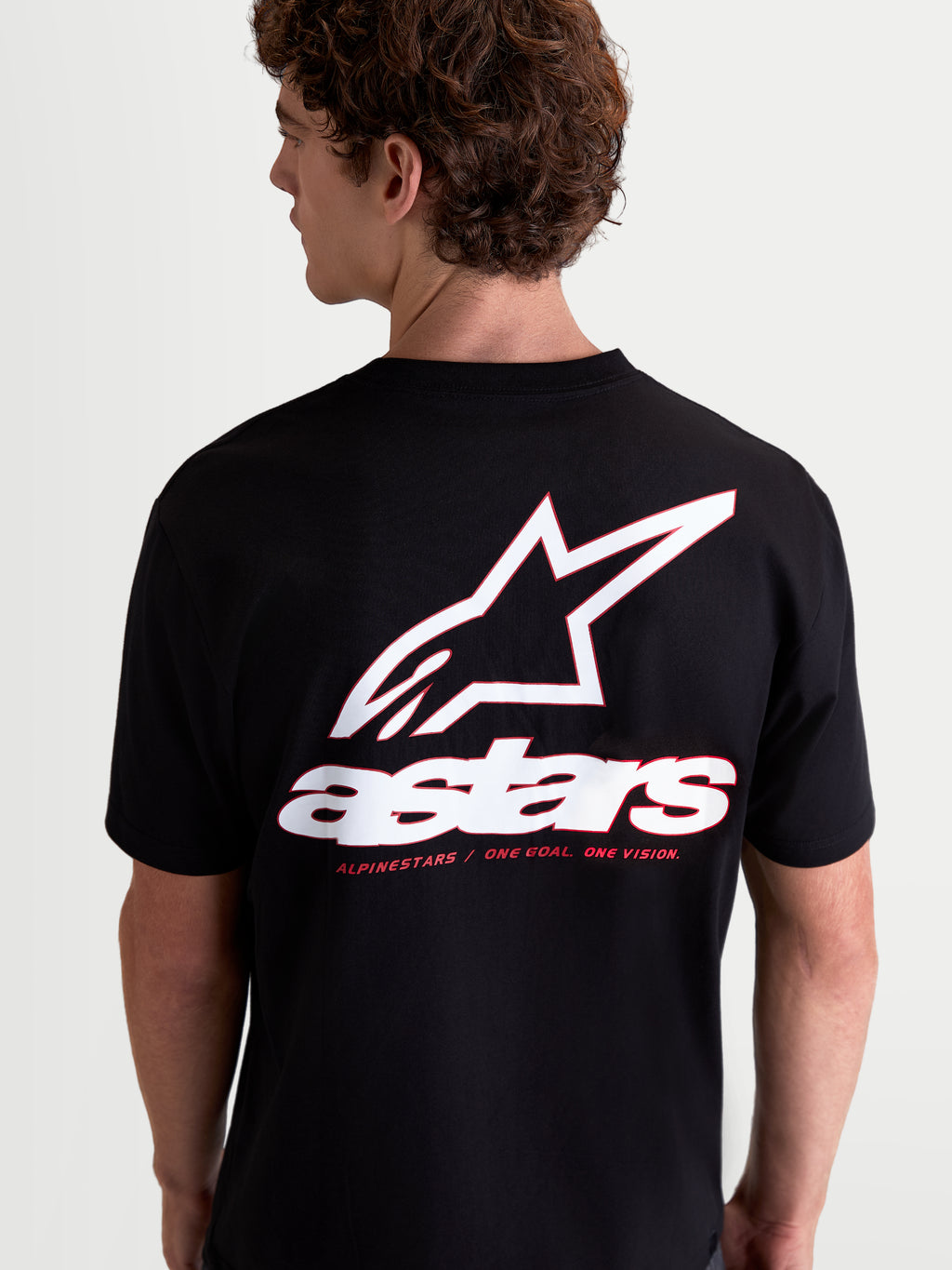 Alpinestars Maglietta Lineout CSF, maglietta da uomo a maniche corte, nera con grande logo Astars bianco e rosso sulla schiena, sportswear casual in misto cotone e poliestere
