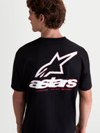 Alpinestars Maglietta Lineout CSF, maglietta da uomo a maniche corte, nera con grande logo Astars bianco e rosso sulla schiena, sportswear casual in misto cotone e poliestere