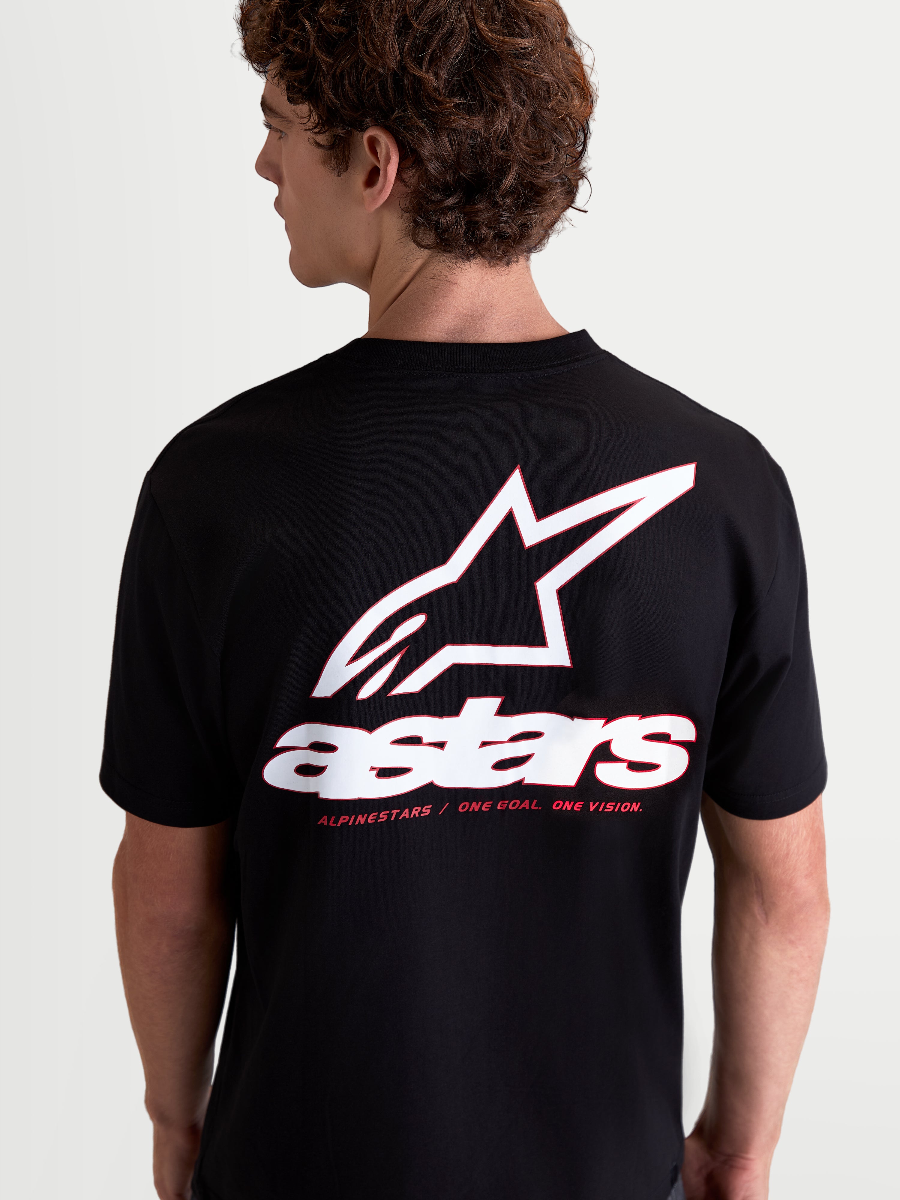 Alpinestars Maglietta Lineout CSF, maglietta da uomo a maniche corte, nera con grande logo Astars bianco e rosso sulla schiena, sportswear casual in misto cotone e poliestere