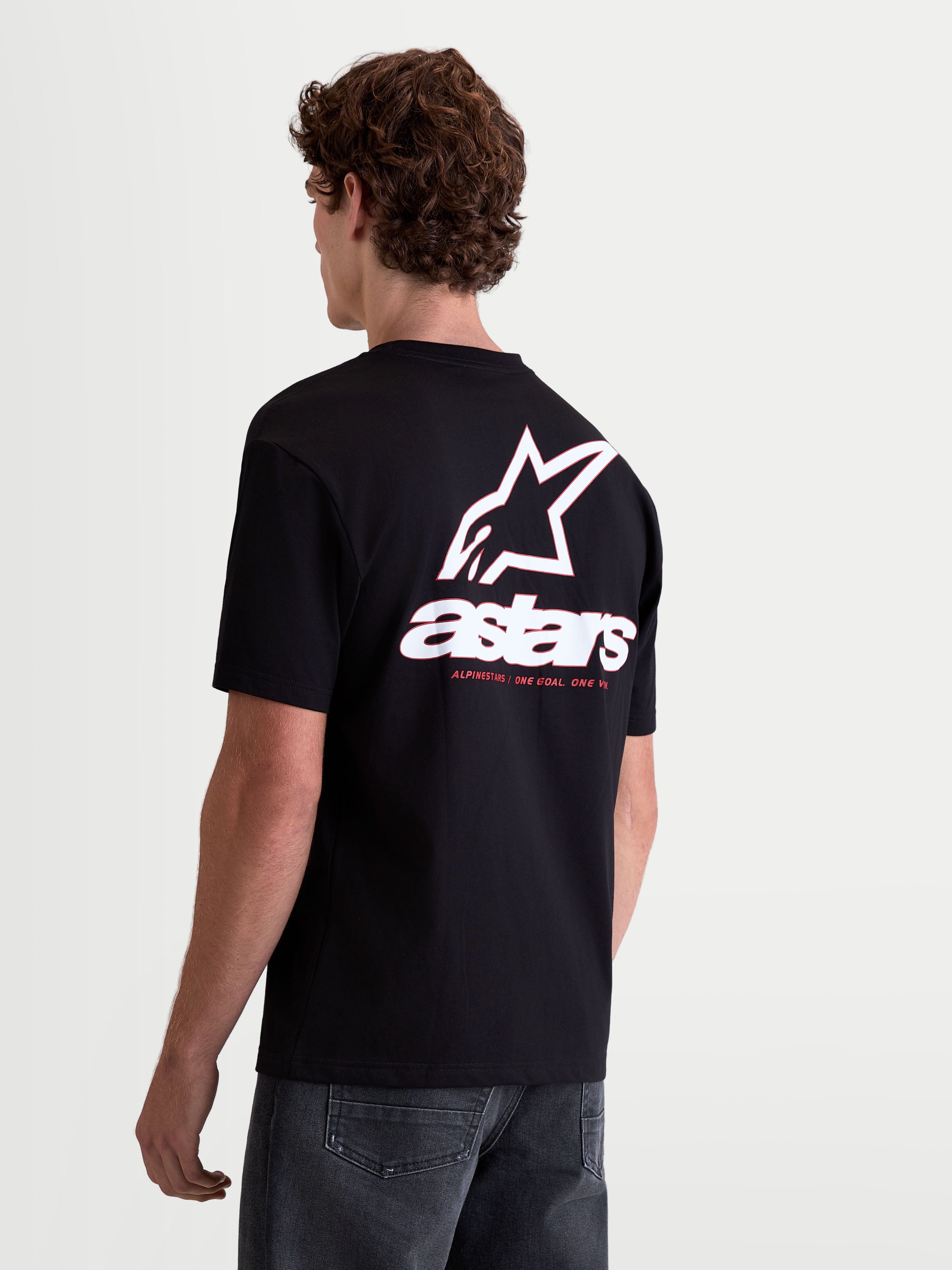 Alpinestars Maglietta Lineout CSF, maglietta a maniche corte da uomo, nera, grande grafica bianca con logo Astars e accenti rossi sulla schiena, sportswear casual premium