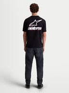 Alpinestars Maglietta Lineout CSF, maglietta a maniche corte sportswear, da uomo, nera con logo e scritta Astars bianchi sulla schiena, misto cotone e poliestere, vista posteriore su modello