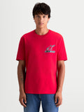 Alpinestars Maglietta Lineout CSF, maglietta da uomo a maniche corte, rossa con logo Astars nero e bianco sul petto, vista frontale su modello, design girocollo casual, morbido tessuto in cotone e poliestere