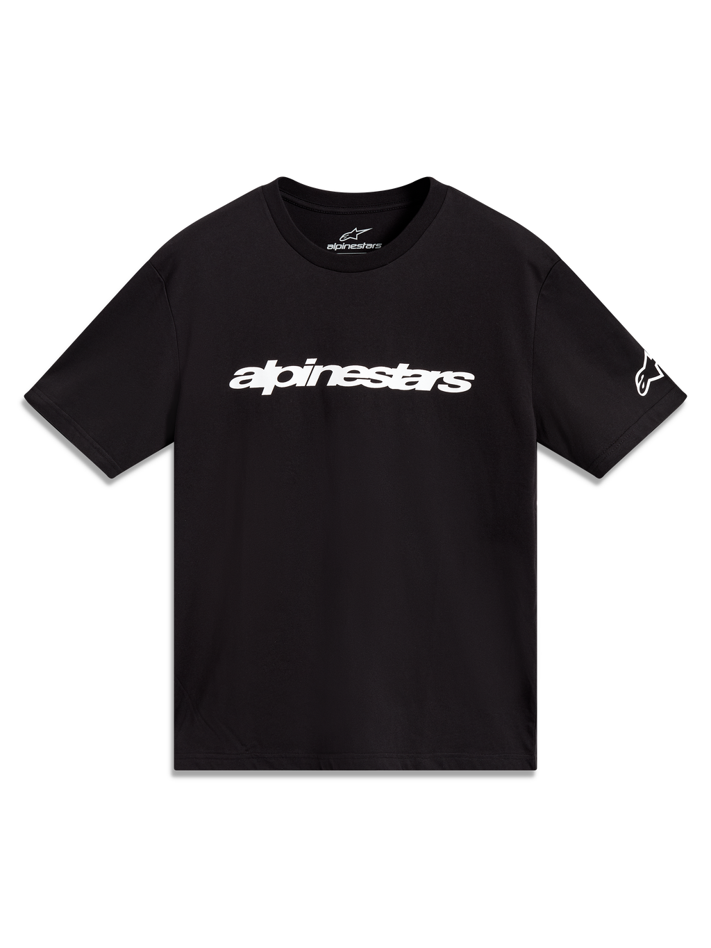 Alpinestars Race Wordmark CSF Tee, maglietta a maniche corte nera con logo bianco lineare e grafica sulla manica.