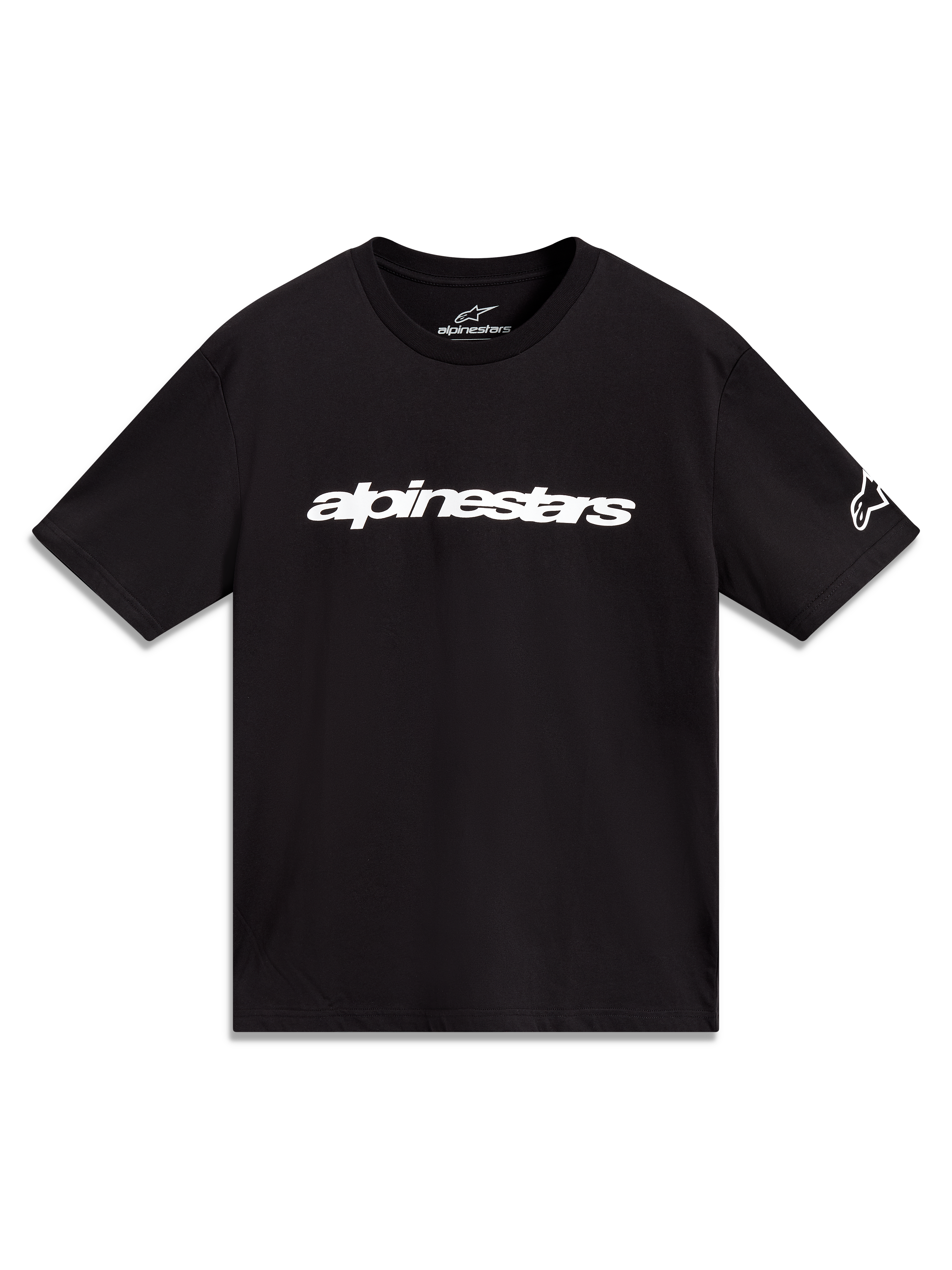 Alpinestars Race Wordmark CSF Tee, maglietta a maniche corte nera con logo bianco lineare e grafica sulla manica.
