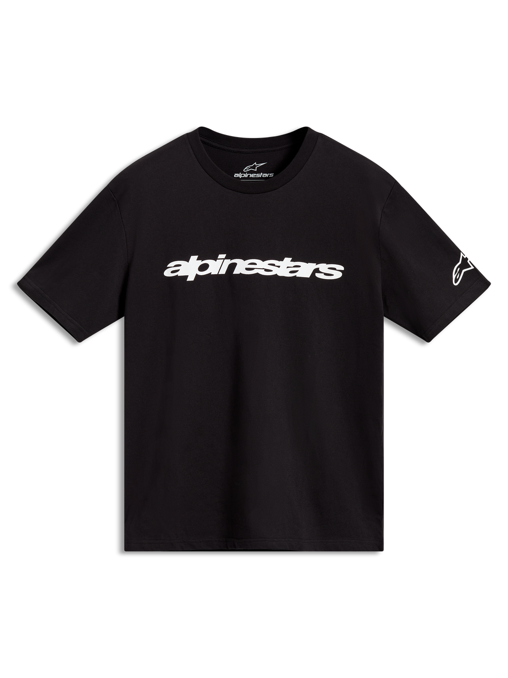Alpinestars Race Wordmark CSF Tee, maglietta a maniche corte da uomo, nera, con logo wordmark lineare bianco sul petto e logo Ageless sulla manica, sportswear casual.