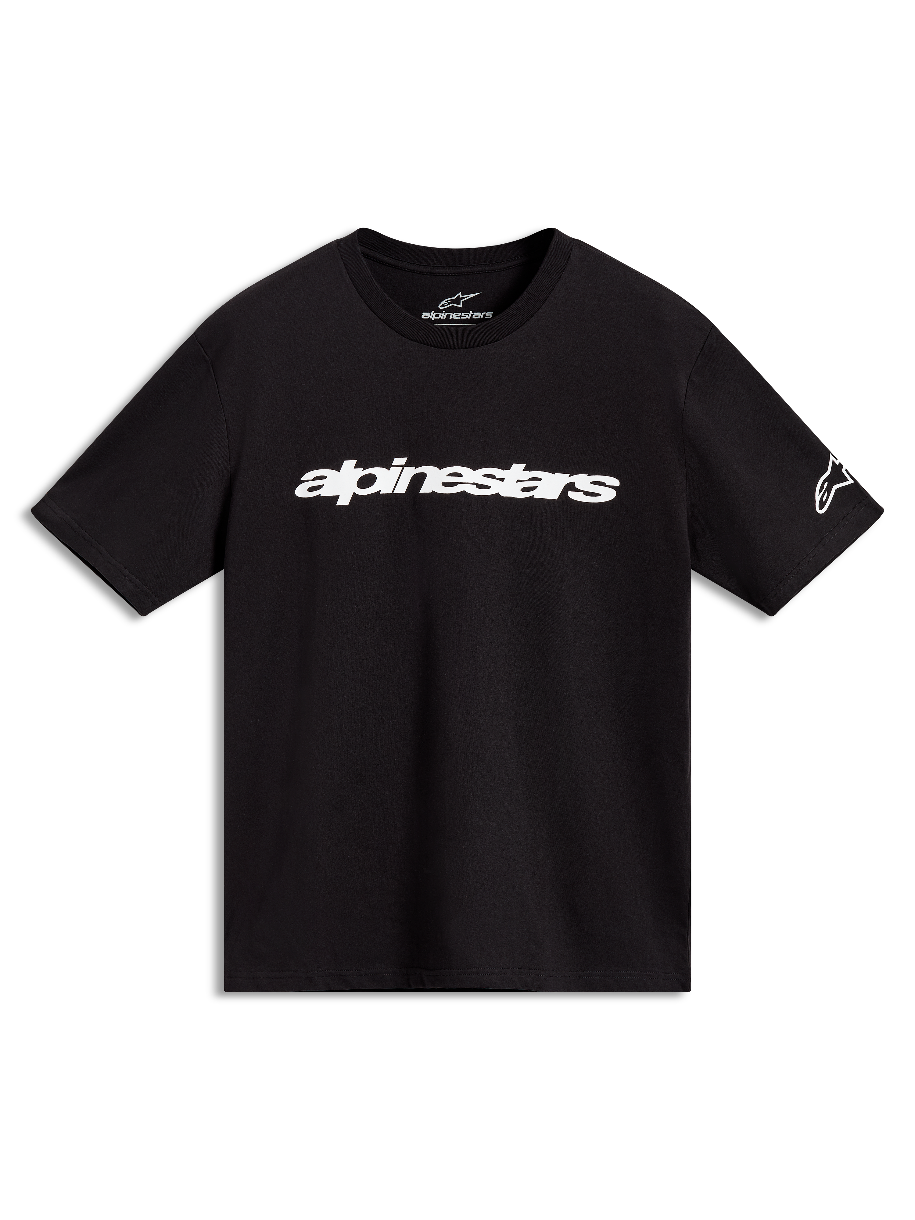 Alpinestars Race Wordmark CSF Tee, maglietta a maniche corte da uomo, nera, con logo wordmark lineare bianco sul petto e logo Ageless sulla manica, sportswear casual.