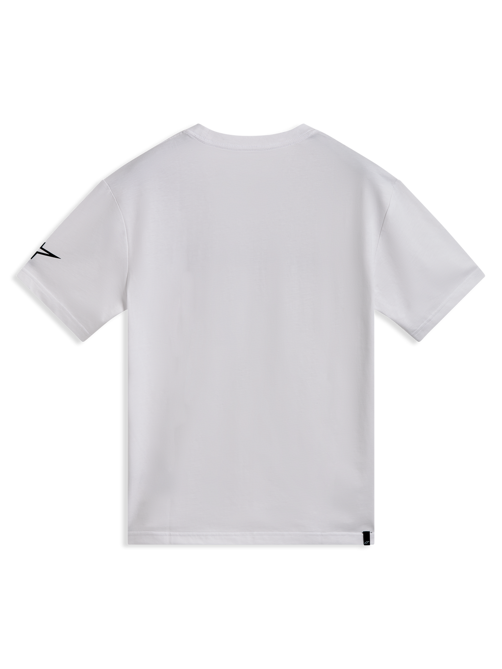 Alpinestars Race Wordmark CSF Maglietta a maniche corte, bianca, vista posteriore con logo Ageless nero sulla manica, tessuto in misto cotone e poliestere, abbigliamento sportivo casual da motorsport