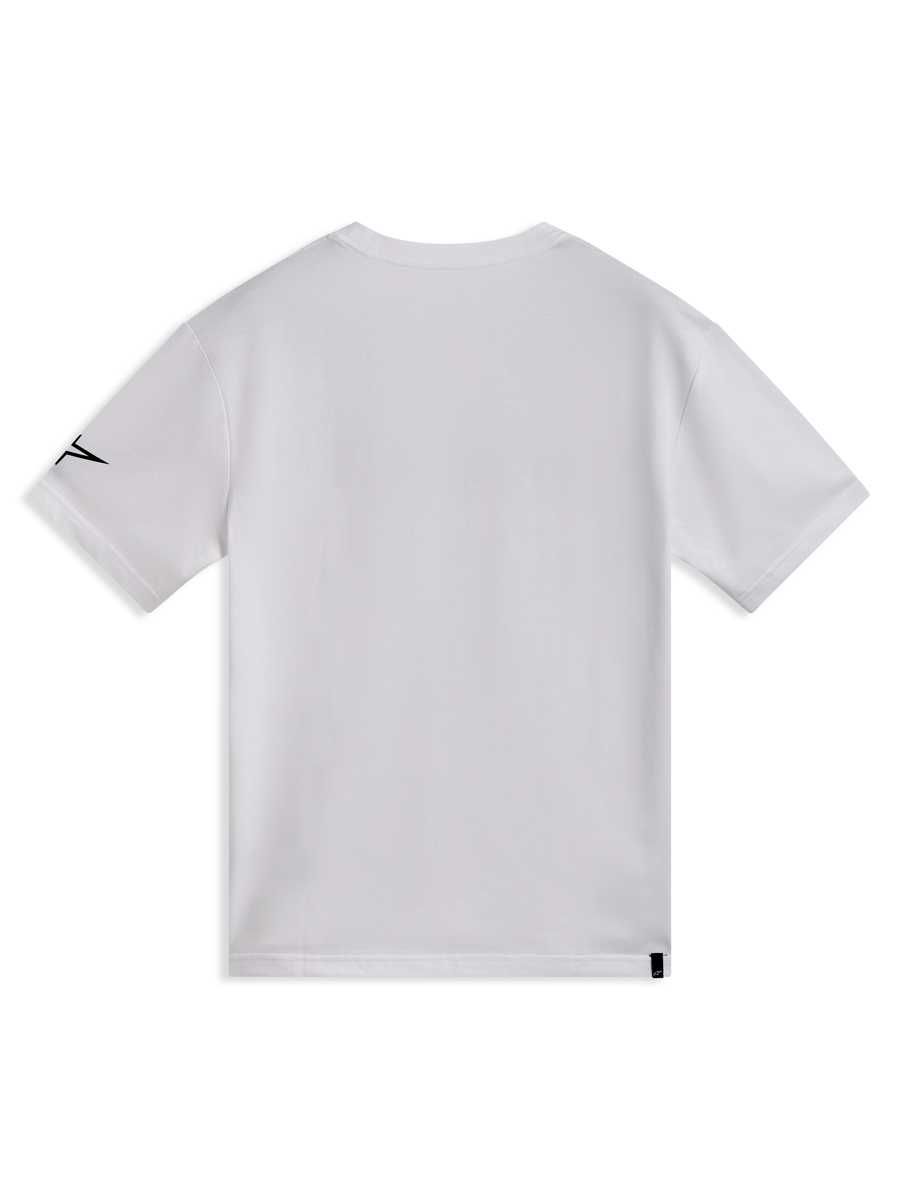 Alpinestars Race Wordmark CSF Maglietta a maniche corte, bianca, vista posteriore con logo Ageless nero sulla manica, tessuto in misto cotone e poliestere, abbigliamento sportivo casual da motorsport