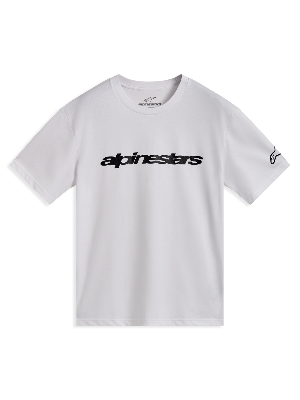 Alpinestars Race Wordmark CSF Tee, maglietta sportiva a maniche corte bianca con logo nero sul petto e grafica sulla manica.