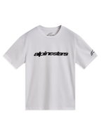 Alpinestars Race Wordmark CSF Tee, maglietta sportiva a maniche corte bianca con logo nero sul petto e grafica sulla manica.
