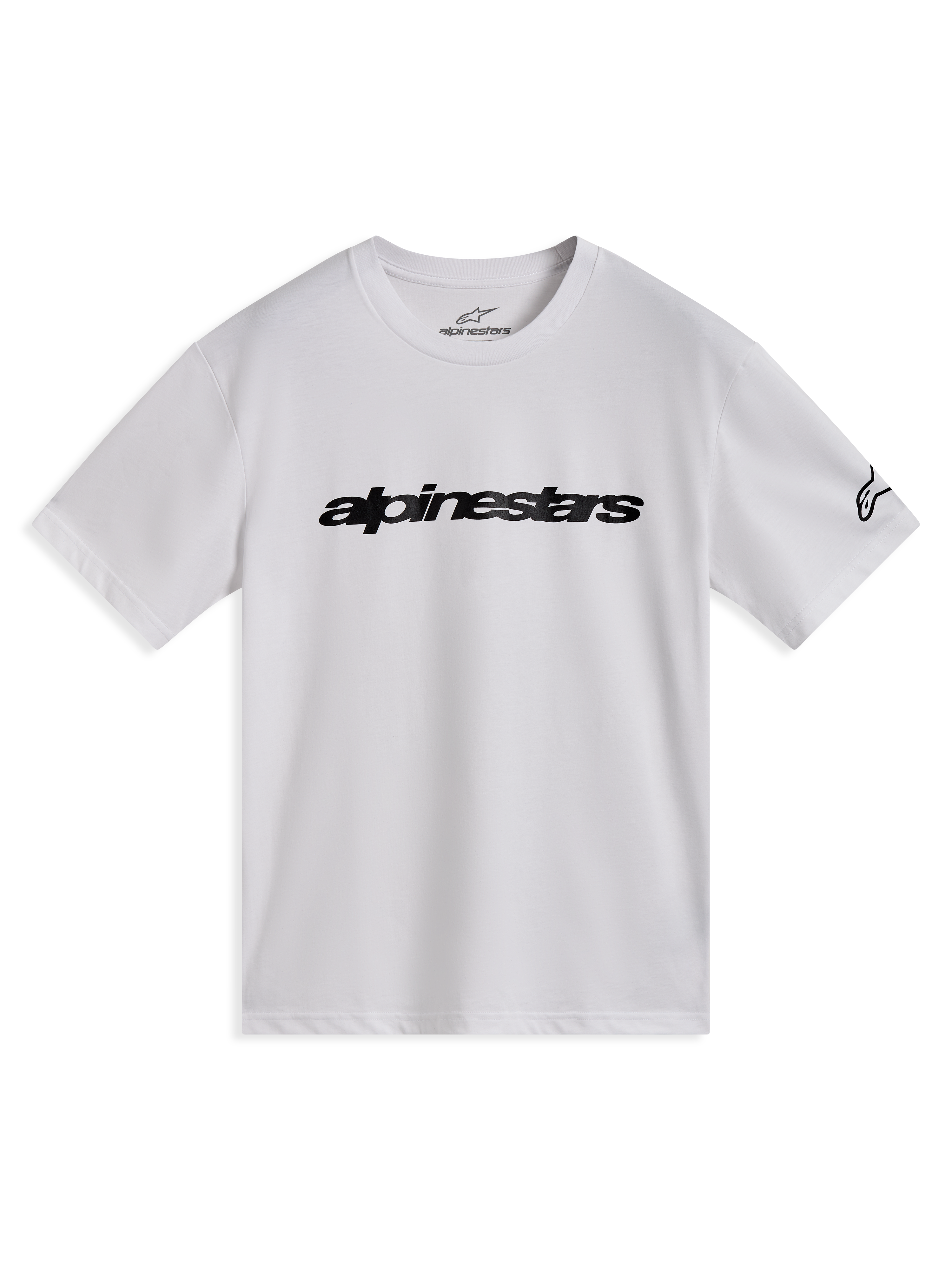 Alpinestars Race Wordmark CSF Tee, maglietta sportiva a maniche corte bianca con logo nero sul petto e grafica sulla manica.