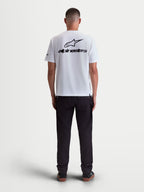 Alpinestars Maglietta Combo Back CSF, maglietta a maniche corte da uomo, bianca e nera, misto cotone e poliestere, vista posteriore con grande grafica logo Astars nero sulla schiena, stile sportswear