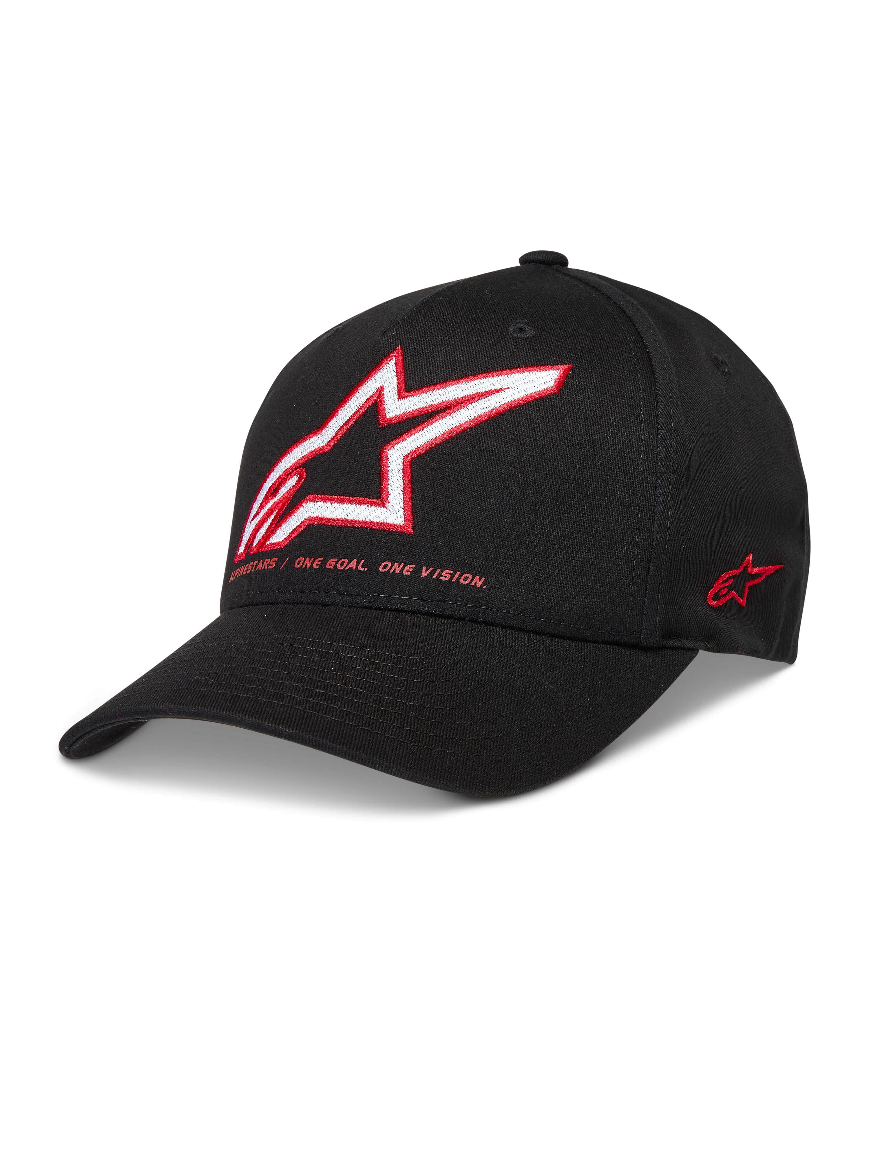 Alpinestars Lineout Cappello, cappellino nero in twill con visiera curva, logo Astars ricamato rosso e bianco, corona strutturata