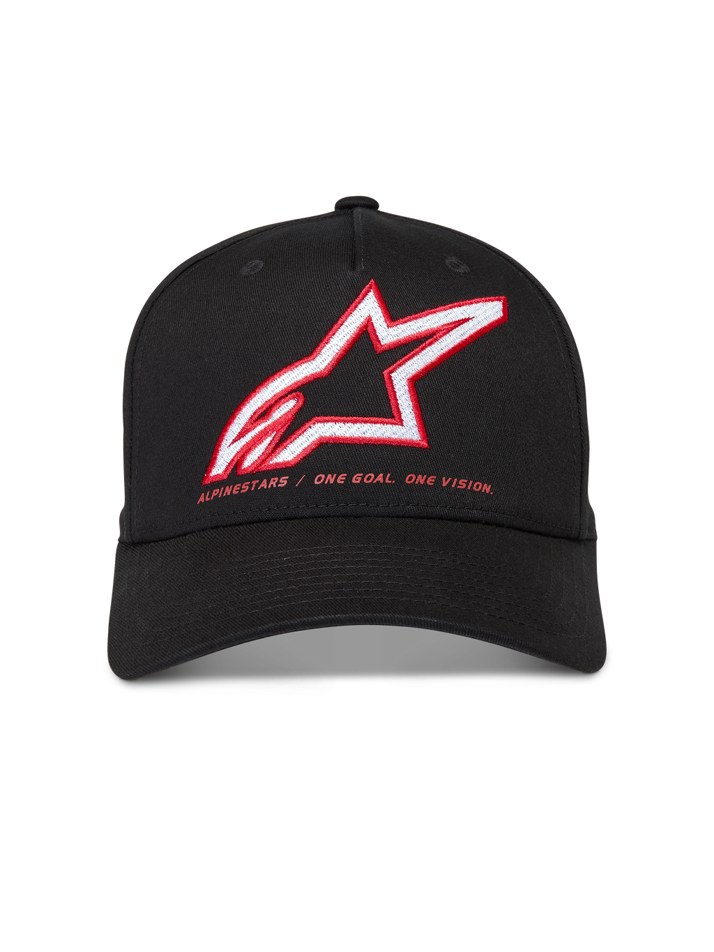Alpinestars Lineout Cappello, cappello in twill nero con visiera curva, logo Astars ricamato rosso e bianco e motto One Goal One Vision.