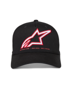 Alpinestars Lineout Cappello, cappello in twill nero con visiera curva, logo Astars ricamato rosso e bianco e motto One Goal One Vision.
