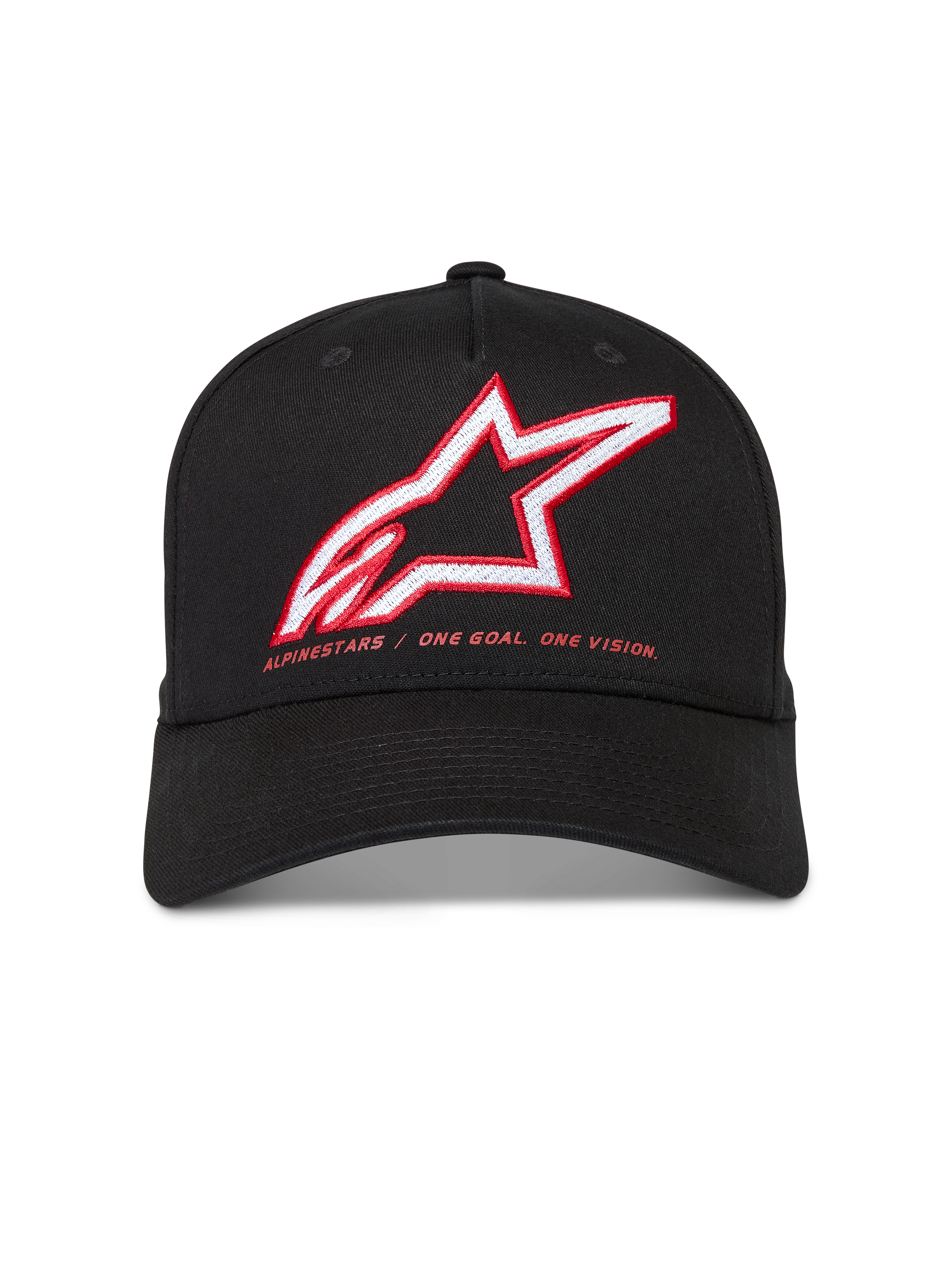 Alpinestars Lineout Cappello, cappello in twill nero con visiera curva, logo Astars ricamato rosso e bianco e motto One Goal One Vision.